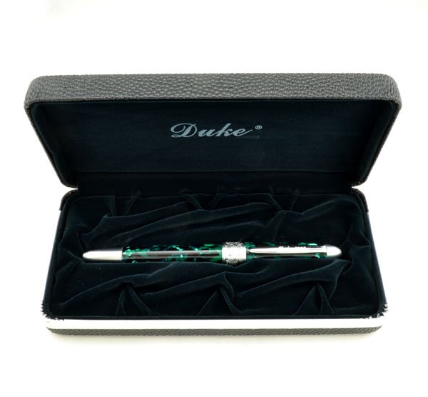 Duke 2000 Fountain Pen Green Marble Resin, Chrome Trim, Fine 14k Nib